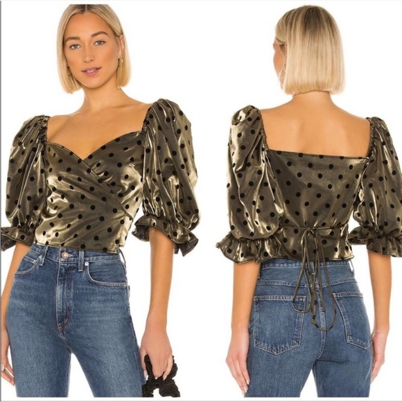 NWT LPA Coco Gold and Black Puffy Sleeve Polka Dots Wrap Top, Size Small - Picture 2 of 8